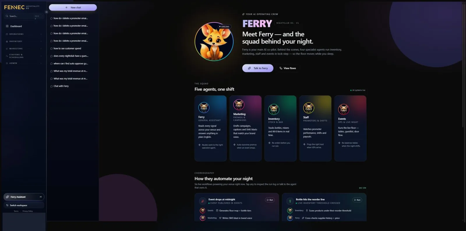 Ferry AI agent roster inside Fennec